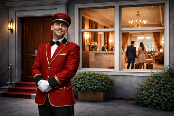 Friendly doorman at elegant hotel